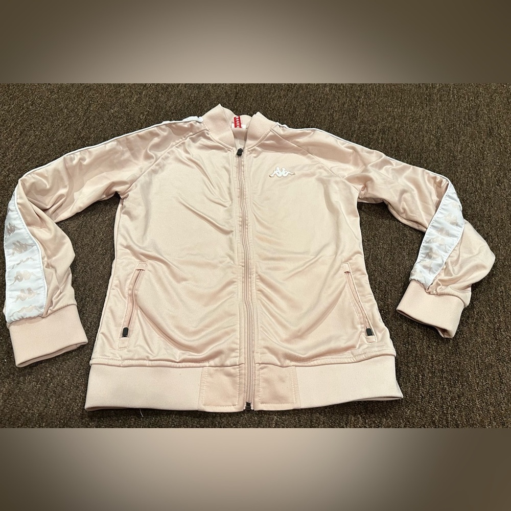 EUC Kappa Pink Blush Long Sleeve Zip Up Track Jacket Girls L Vintage Look
